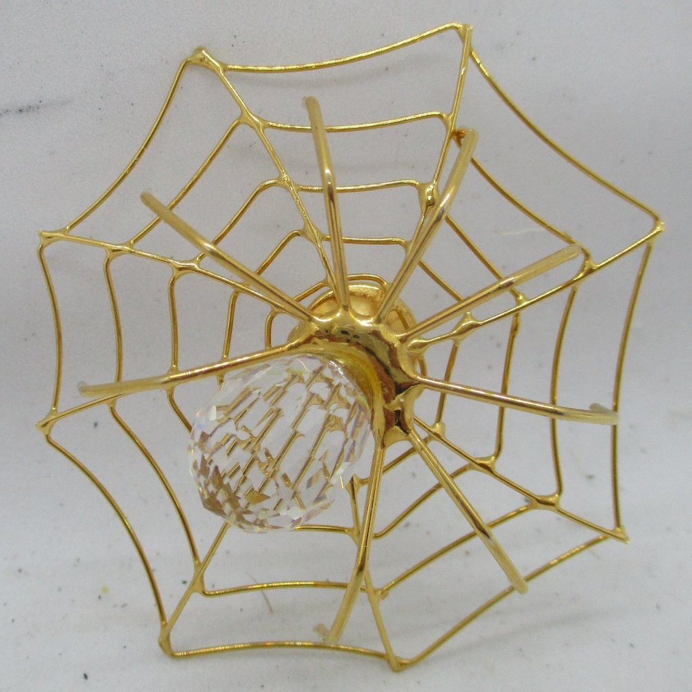 Vintage Golden Spiderweb with Clear Crystal Spider Brooch 2" Diameter Signed LM